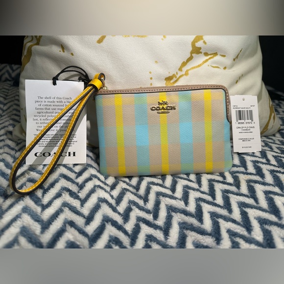 Coach Plaid Wristlet in Yellow and Blue - Picture 1 of 4
